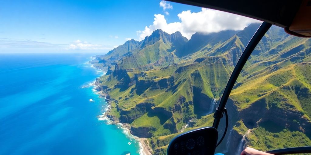Open-door helicopter flying over Kauai's dramatic Na Pali Coast.