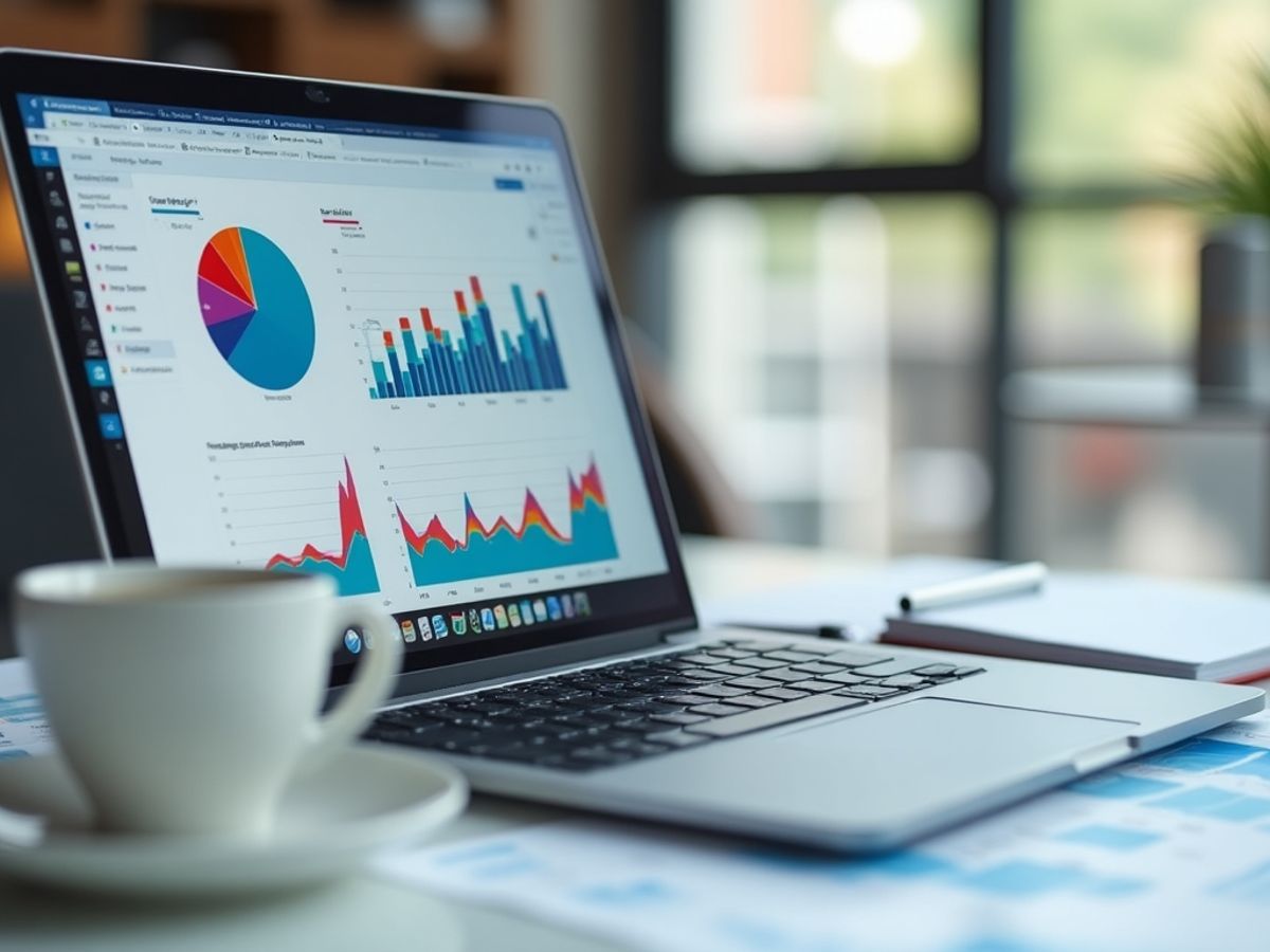 Laptop with data visualizations and marketing materials.