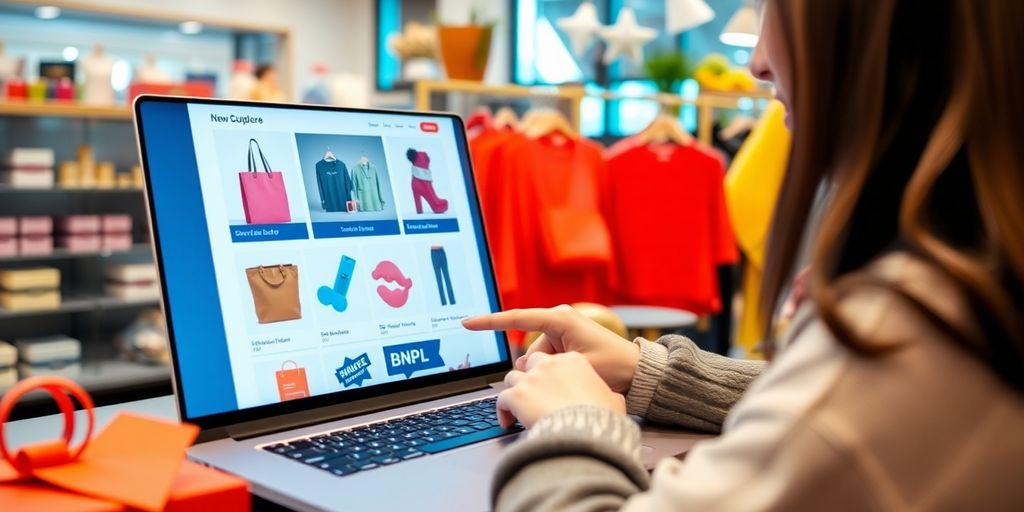 Person shopping online with BNPL option visible.