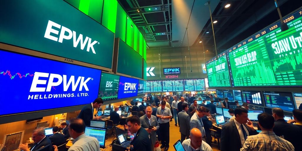 Traders at a stock exchange with EPWK Holdings branding.