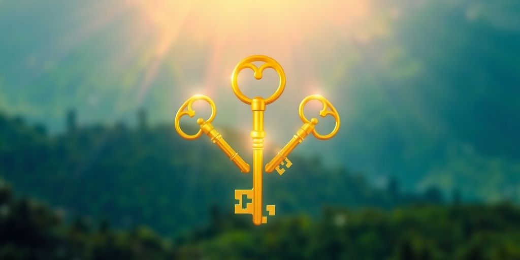 Three golden keys on a lush green background.