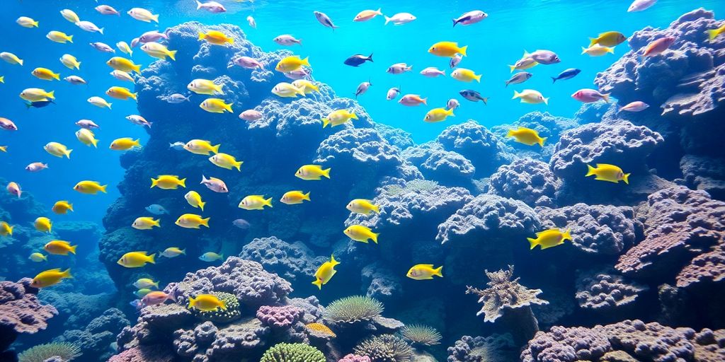 色彩斑斓的海洋鱼在清澈的水族箱中与珊瑚共存。