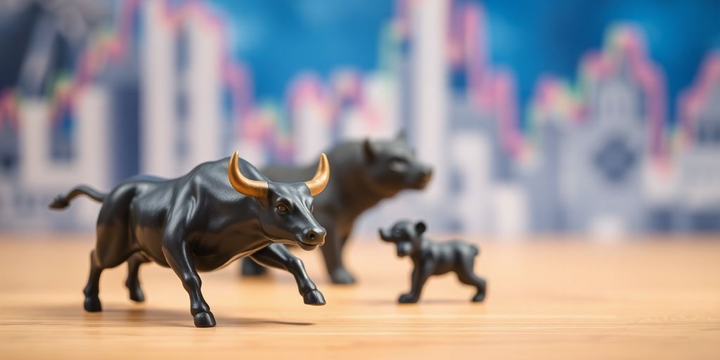 Bull and bear figures facing off.