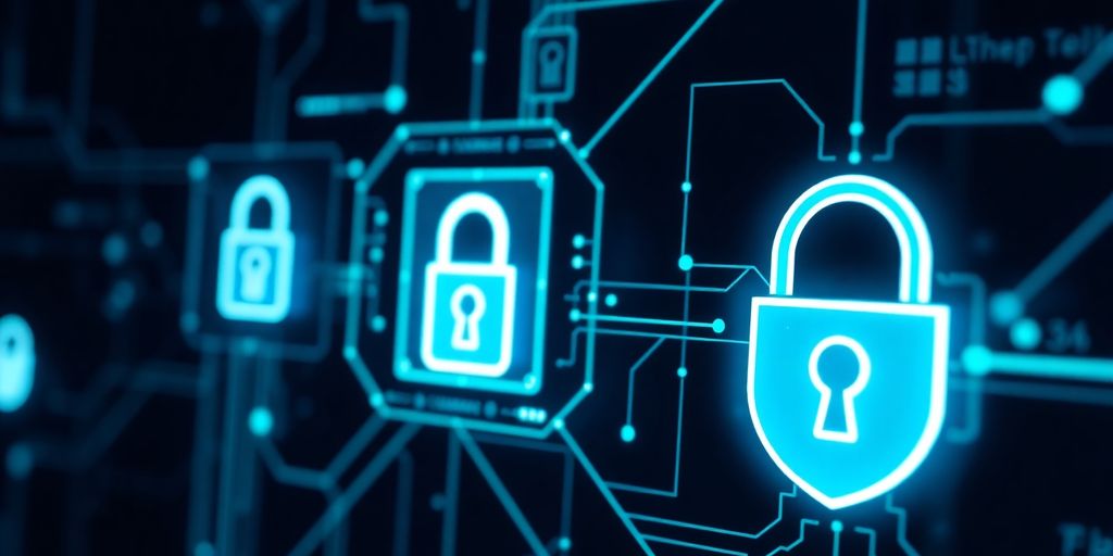 Futuristic cybersecurity interface with glowing locks and shields.