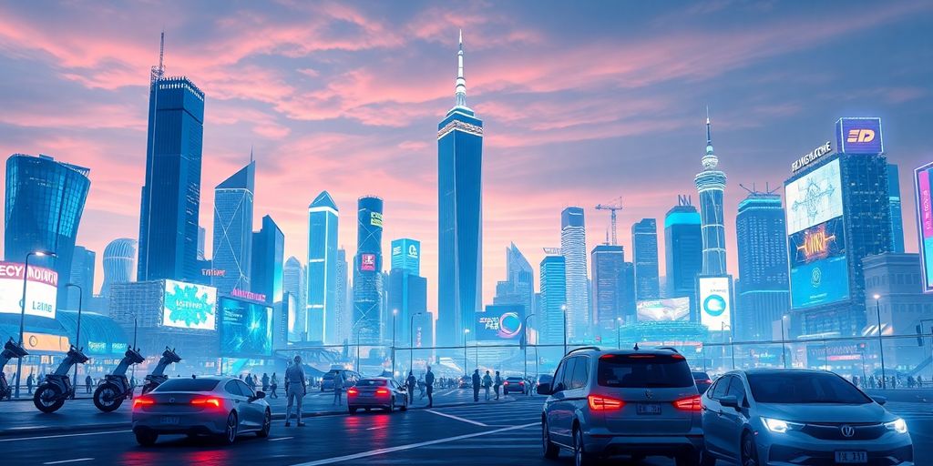 Futuristic city with AI technologies and autonomous vehicles.