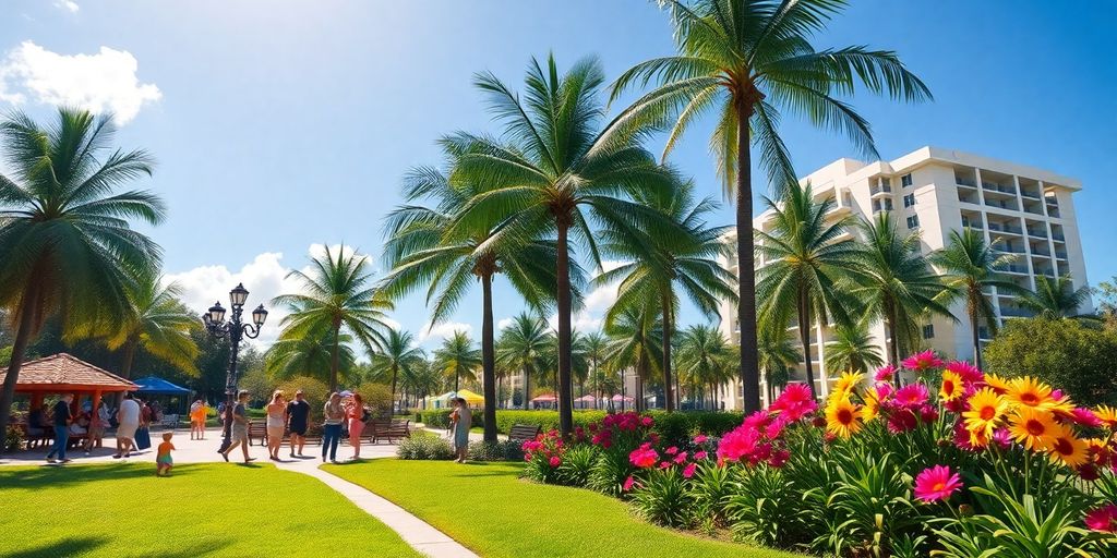 Sunny day in Aventura, Florida with palm trees.