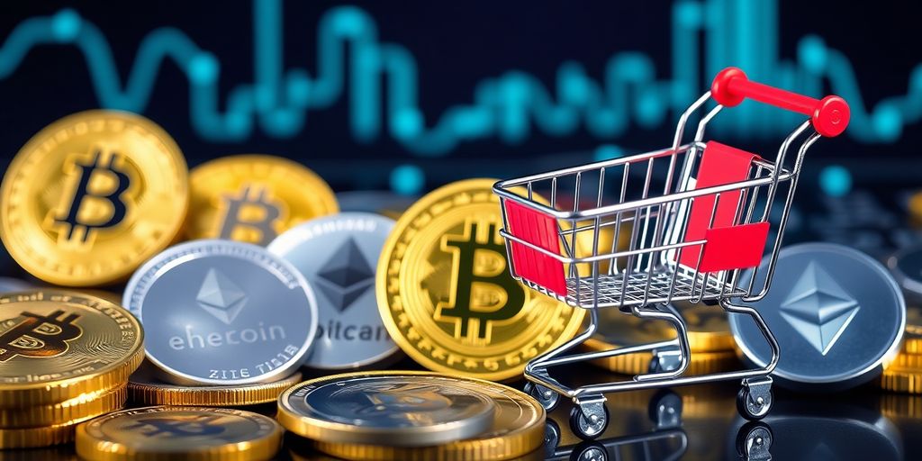 Cryptocurrency coins and online shopping cart.