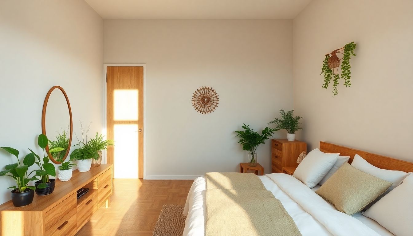Eco-friendly bedroom with natural wood and green plants.