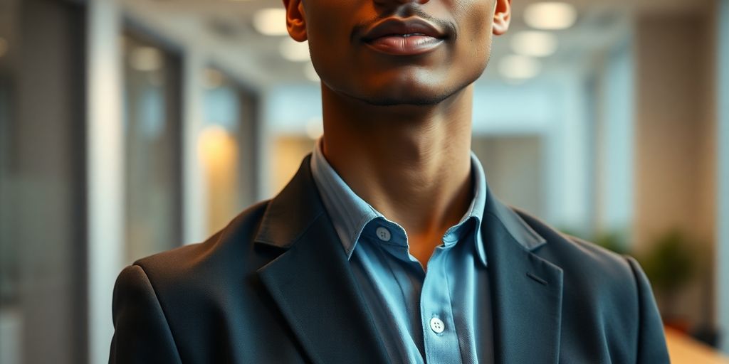 Professional standing, confident, ready for opportunity.