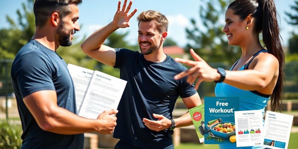 Personal trainer with clients outdoors, sharing fitness resources.
