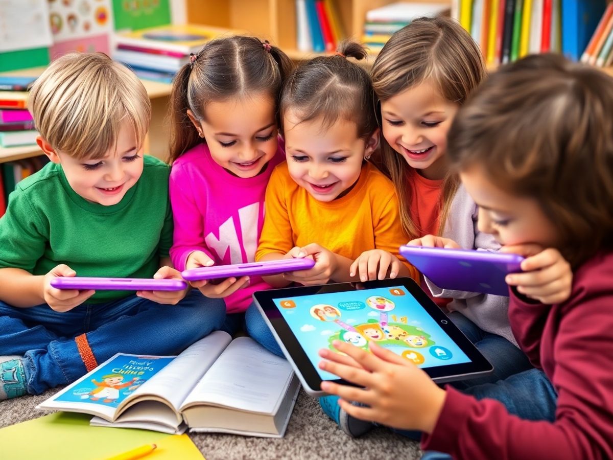 Copii folosind aplicații educaționale pe tablete.