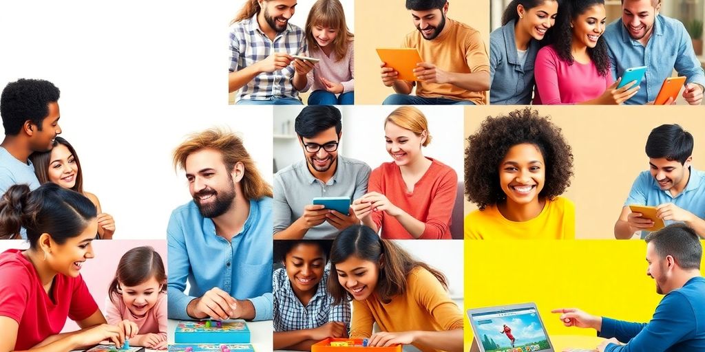 People playing games together while learning English online.