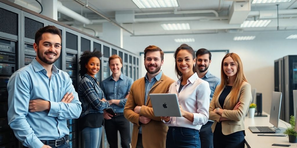 Business professionals collaborating around a modern computer network.