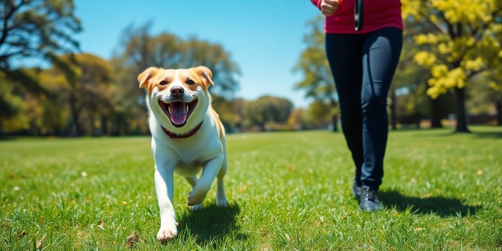 Dog happily running to owner in sunny park.