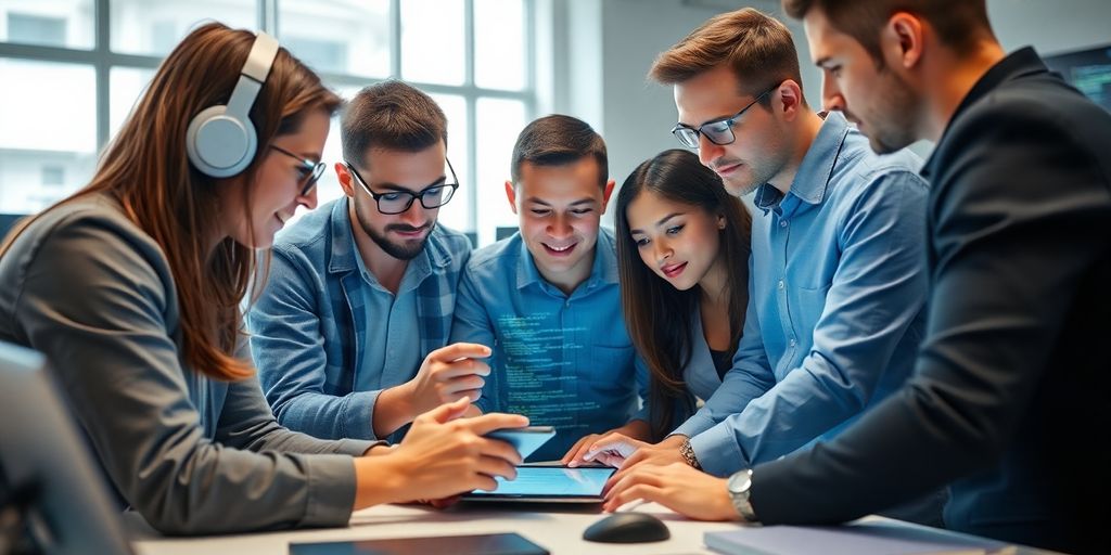 Group of blockchain developers collaborating on security protocols.