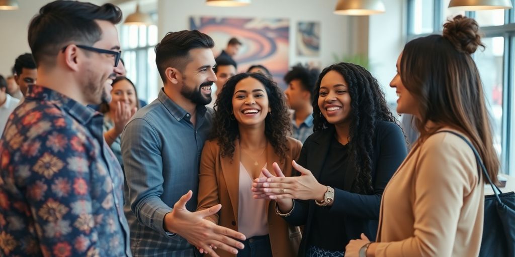 Diverse group of people interacting positively in a friendly setting.