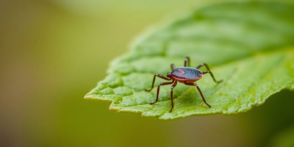 Căpușă pe o frunză verde, detaliu realist.