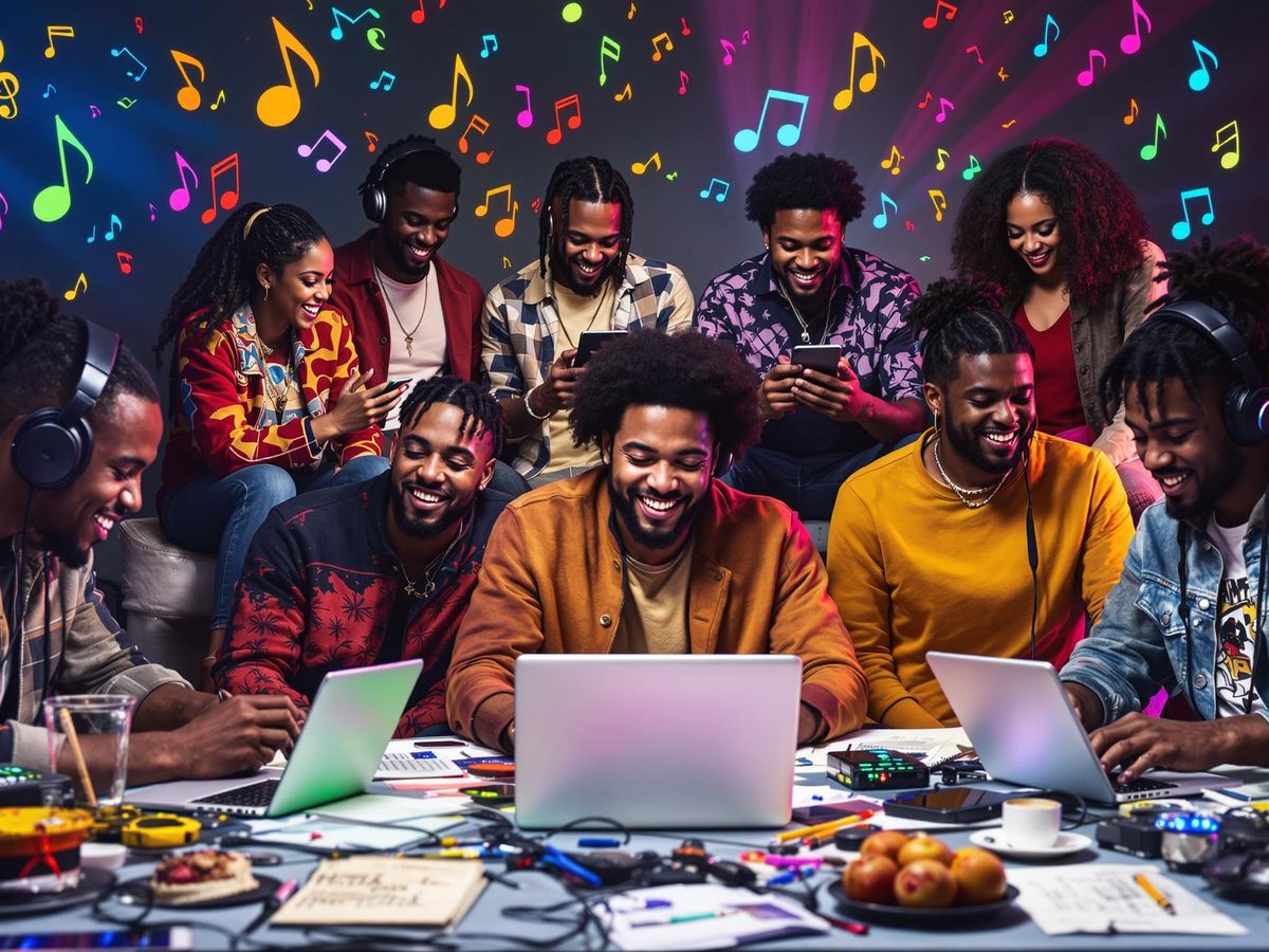 Artists enjoying music with devices in a vibrant setting.