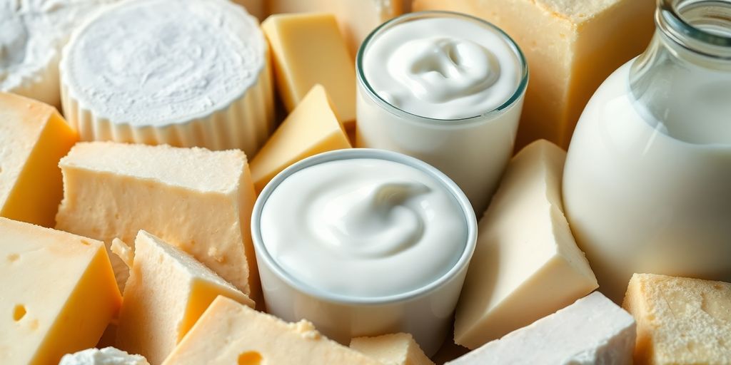 Diverse dairy products including cheese, yogurt, and milk.