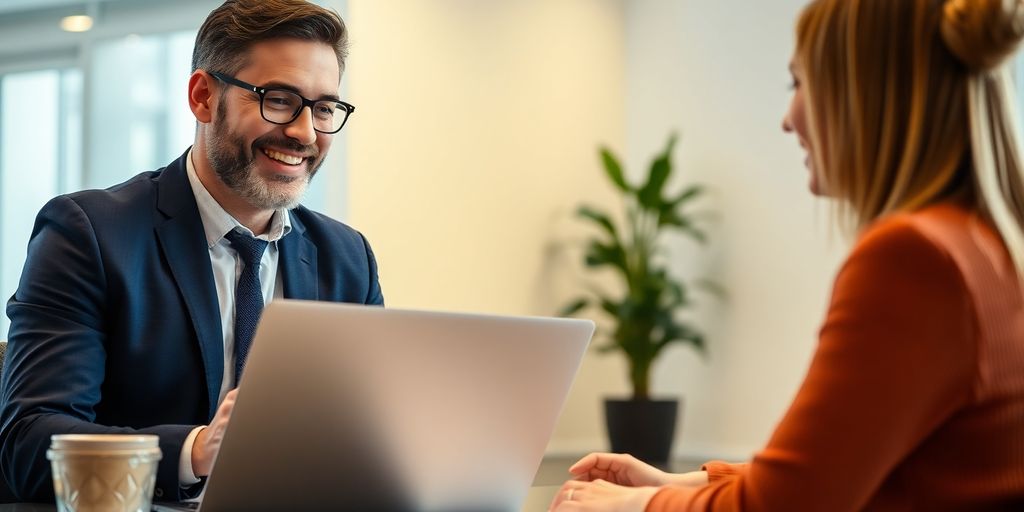 Insurance broker assisting client with car insurance options.