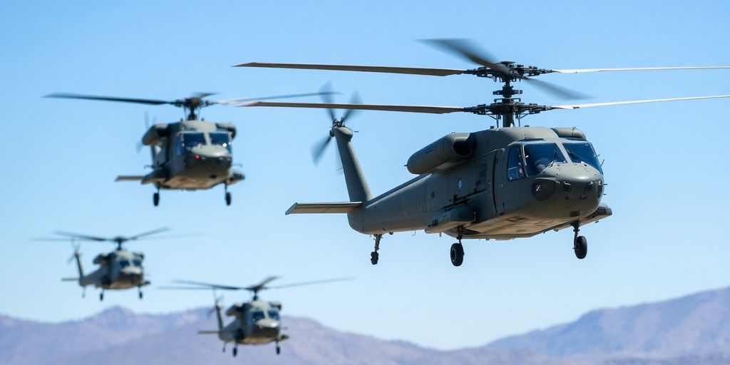 Hélicoptères militaires en vol durant un exercice d'entraînement.