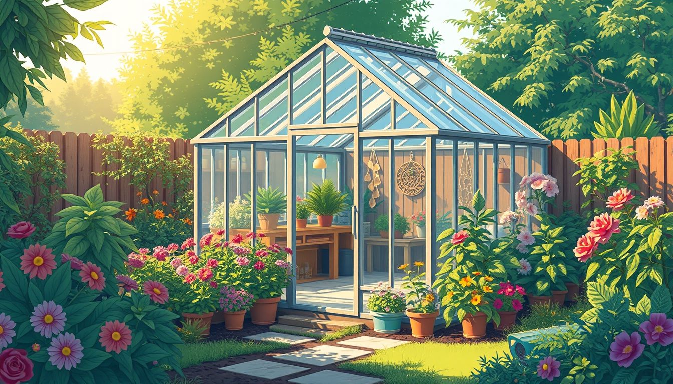Greenhouse in a backyard garden with lush plants
