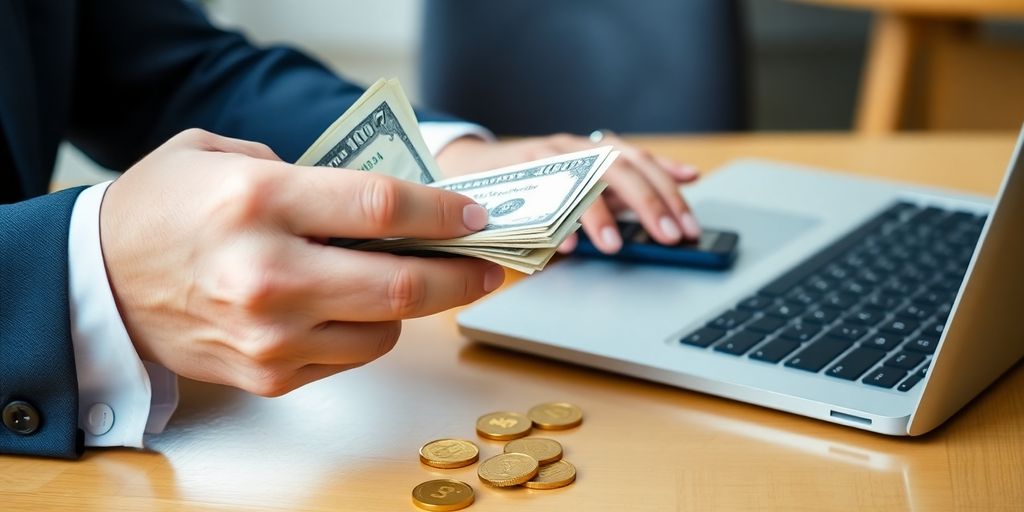 Broker's hands holding money and calculator on a desk.
