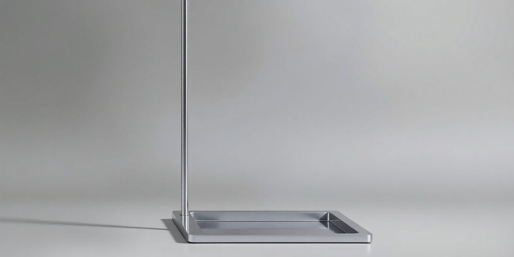 A sleek, silver banner stand extending upwards.