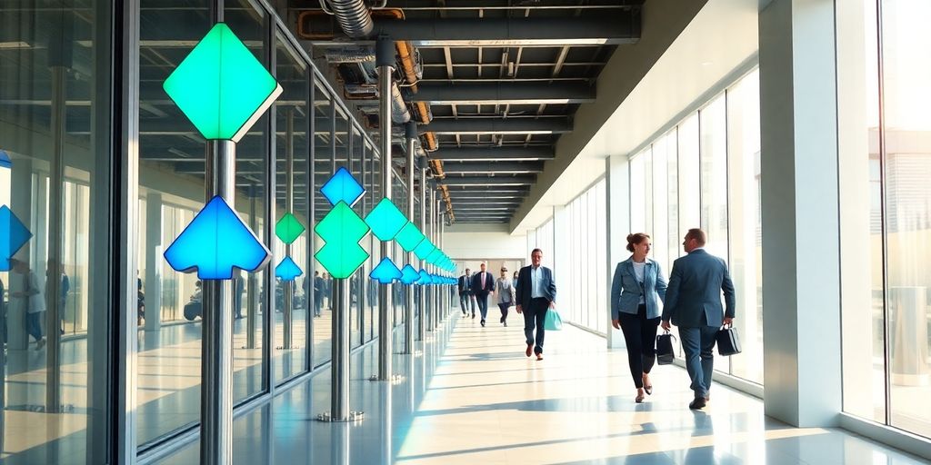 Modern corridor with glowing arrows guiding pedestrians toward bright hallway.