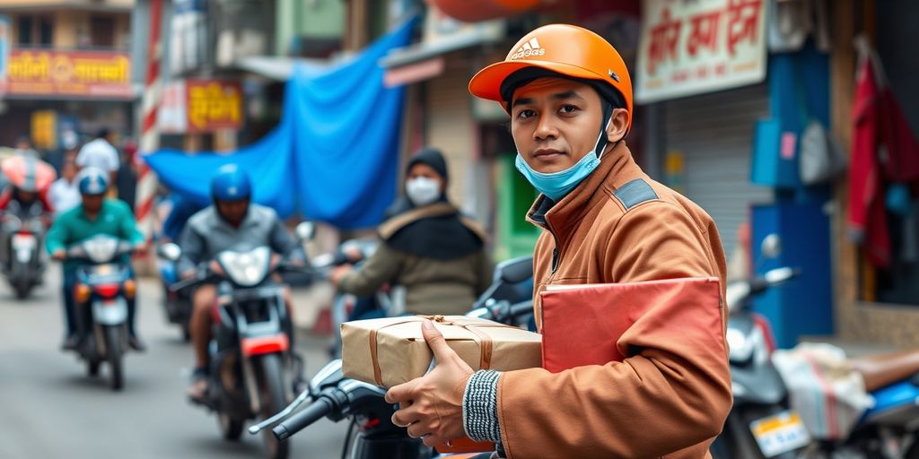 Courier worker delivering packages in Nepal.