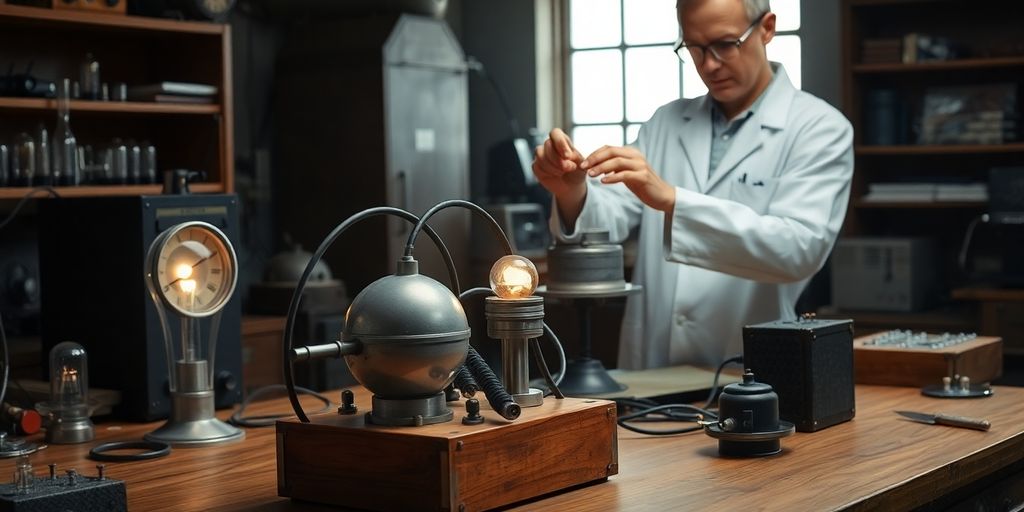 Scientist in lab coat adjusts spherical metal device with cables