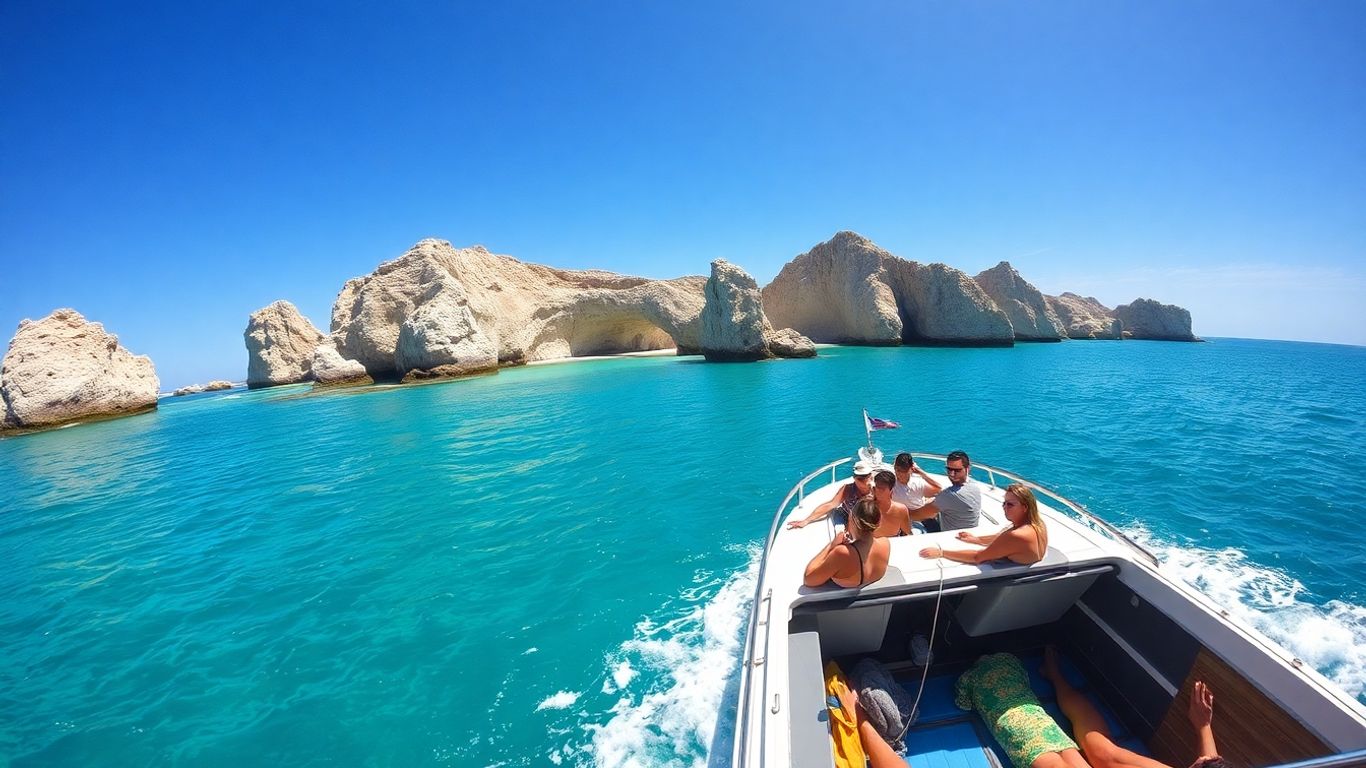 Boat tour adventure in Cabo San Lucas with stunning coastal rock formations.