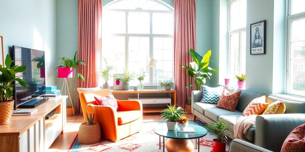 Cozy living room with stylish furniture and plants.