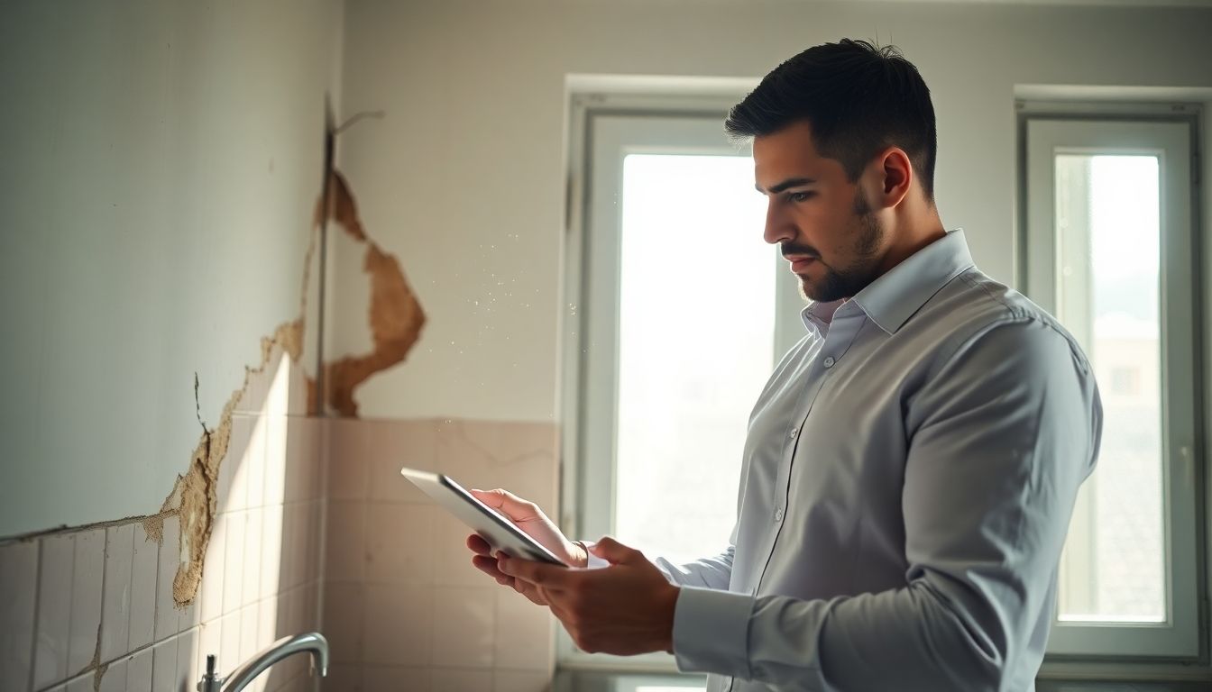 Spanish home insurance expert inspecting a damaged kitchen.