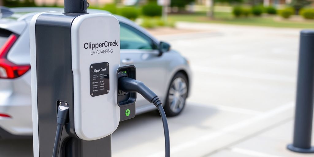 Close-up of Clipper Creek EV charging station and vehicle.