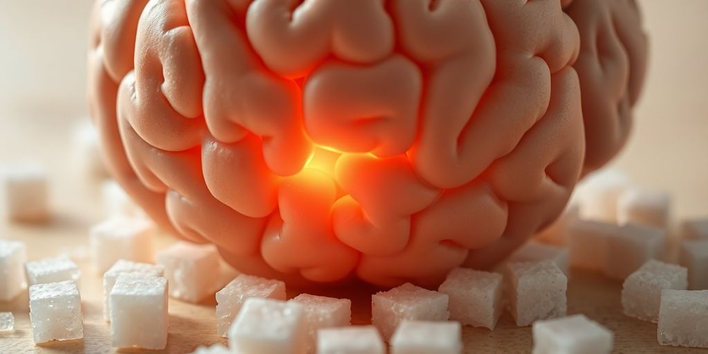 Brain with glowing dopamine, sugar cubes.