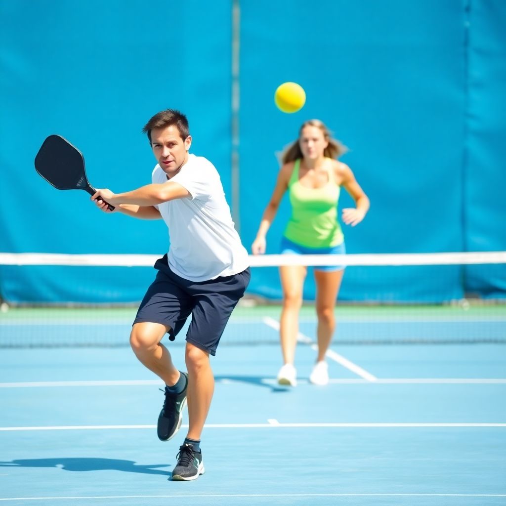 Two pickleball players mid-game on court.