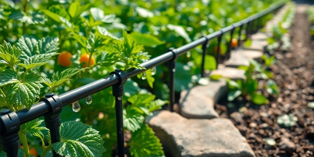 Schwarze Tropfleitungen zwischen grünen Pflanzen im sonnigen Gemüsegarten mit Wassertropfen