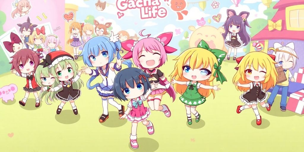 Gacha Life characters in playful poses with colorful backgrounds.