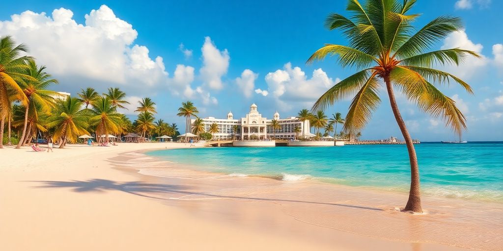Tropical beach with a casino in the background.