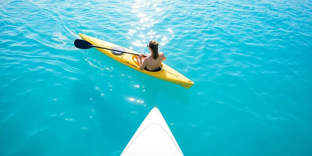 Kayaker paddling on calm blue water.
