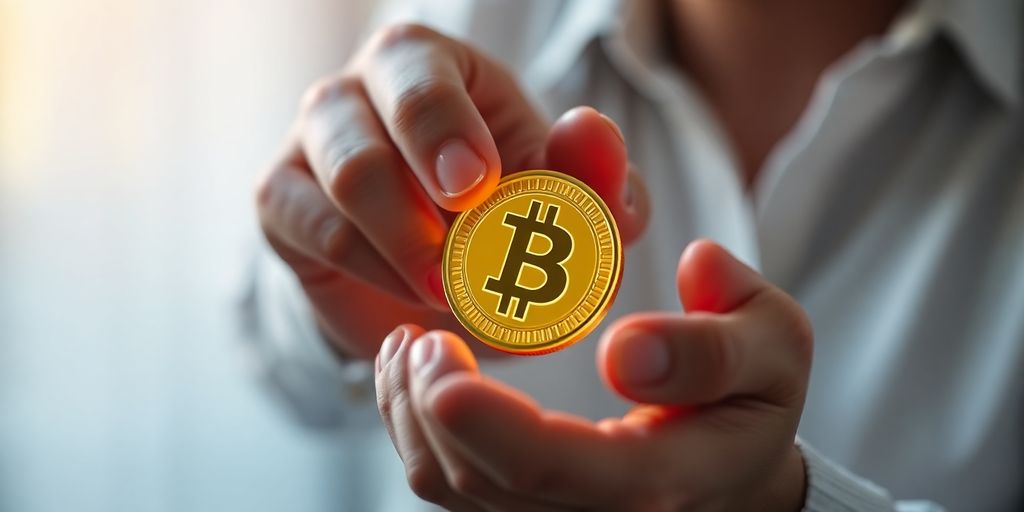 Mãos seguras segurando moeda digital brilhante.