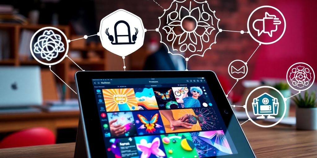 Digital tablet with creative content and AI tools.