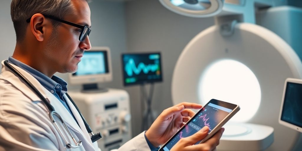 Doctor analyzing medical data on a tablet in clinic.
