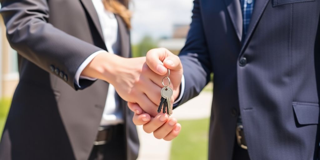 Man and woman shaking hands, with keys.