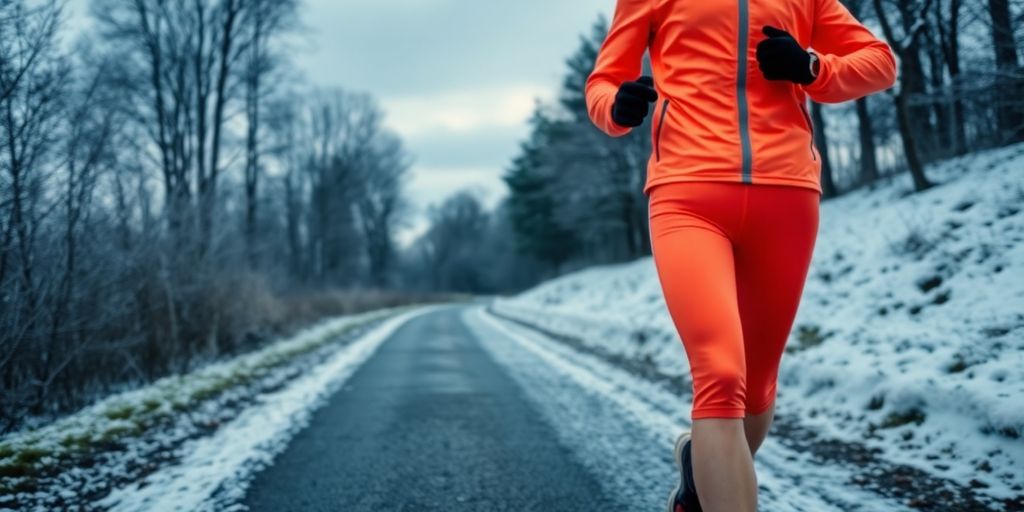 Runner in bright gear jogging on a snowy path.