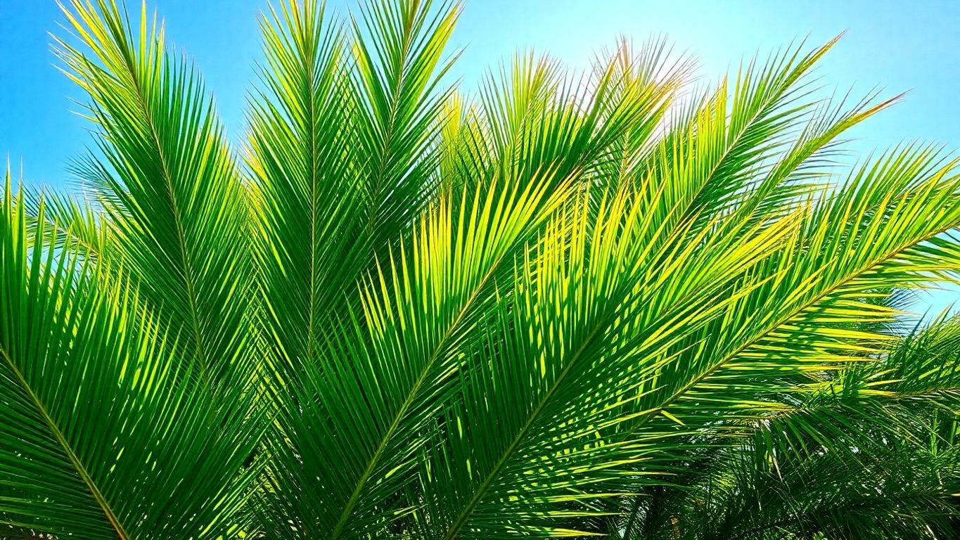 Vibrant palm trees reaching towards a bright sky.