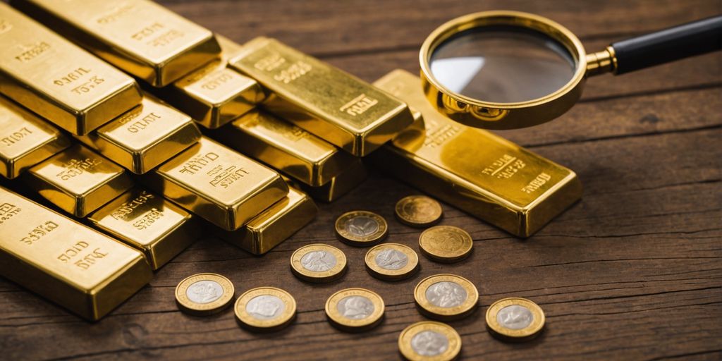 Gold bars and coins with magnifying glass.