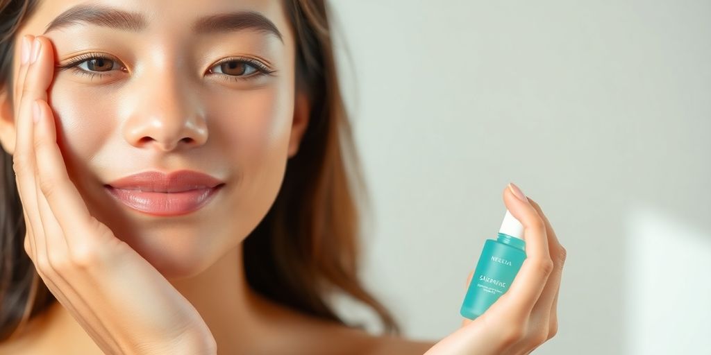 Woman with glowing, clear skin applying serum.