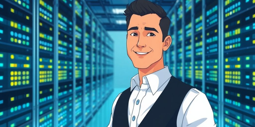 Man standing by server racks, illustrative.